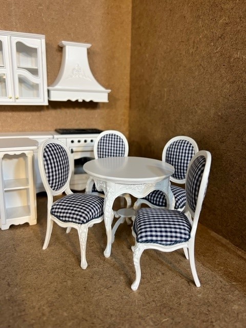 Miniature White Dinette Set with Navy/White Gingham Fabric - Click Image to Close